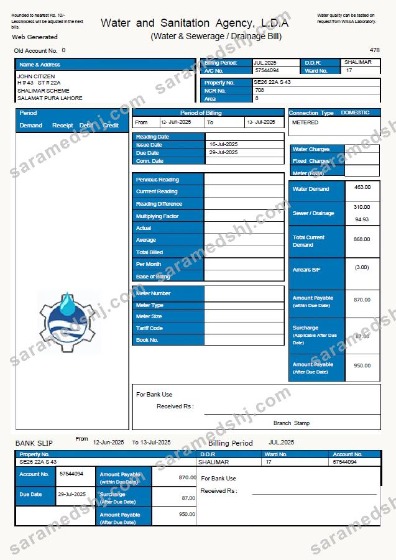 Pakistan WASA utility bill template in Word and PDF formats, version 2